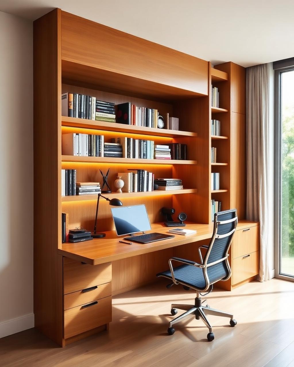 Home office planejado com estante
