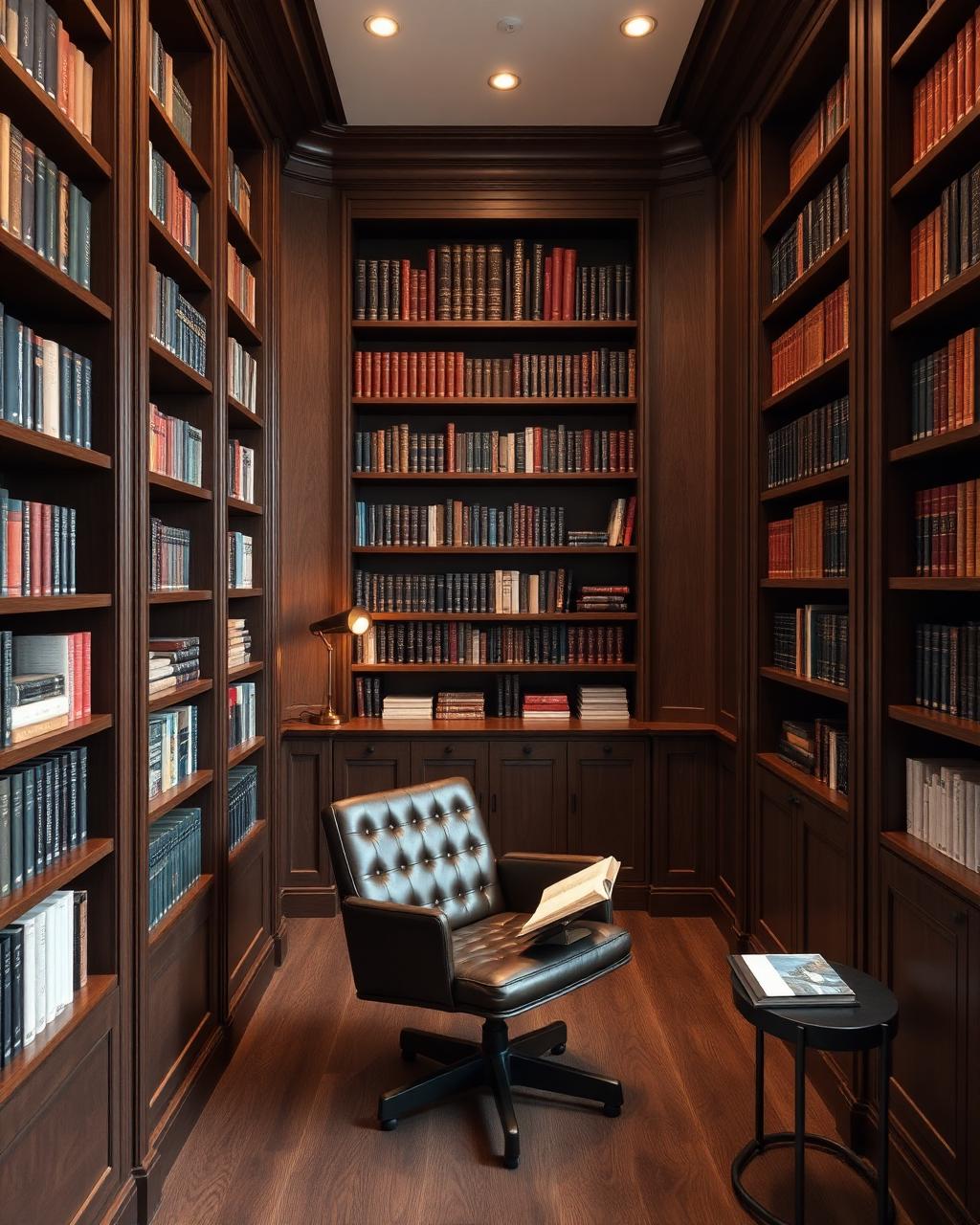 Biblioteca e escritório em madeira escura
