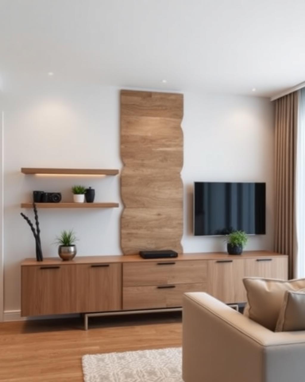 Sala com painel decorativo e rack
